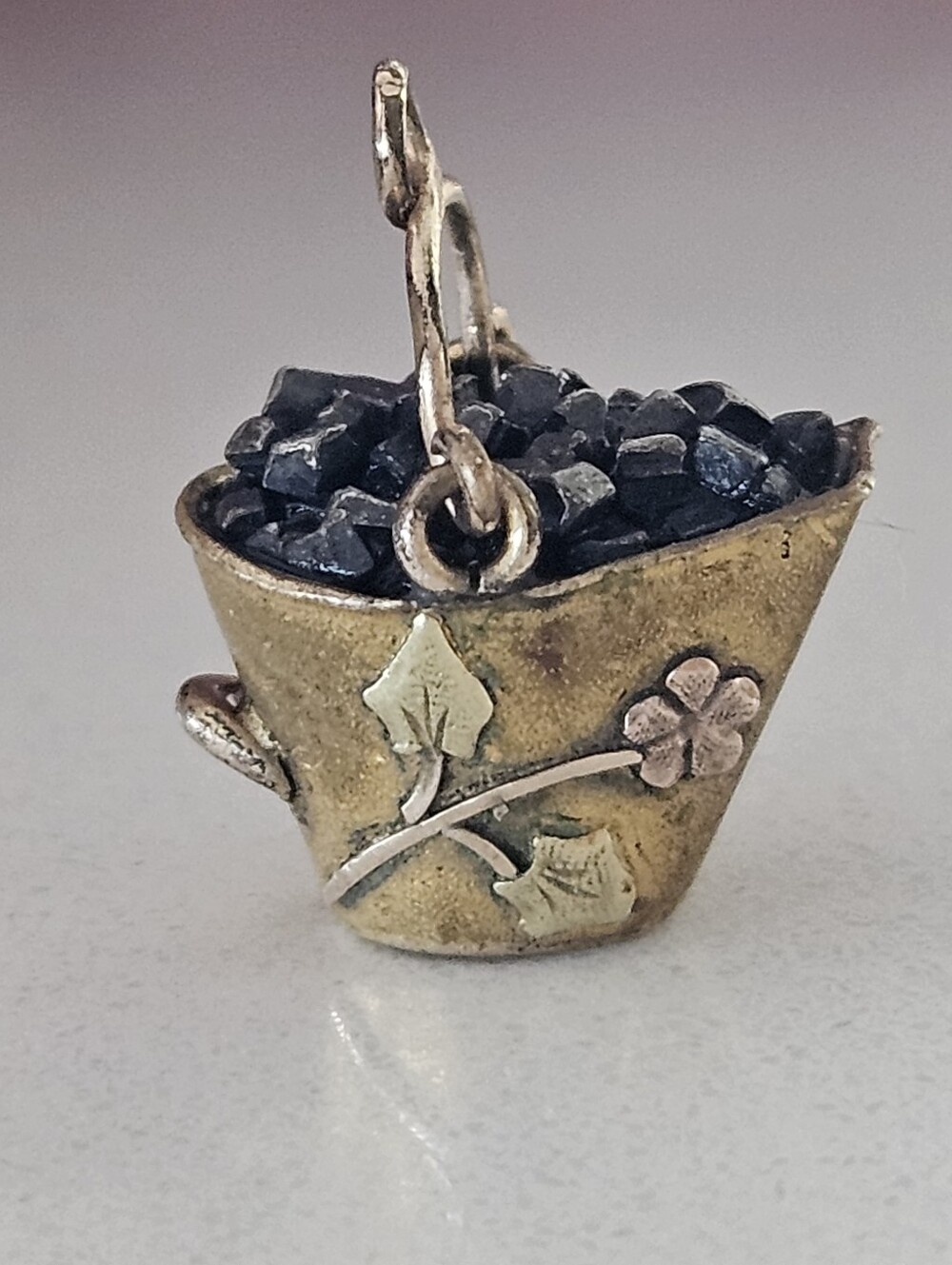 Antique Victorian Black Hills Gold Floral Coal Bucket Charm For Bracelet